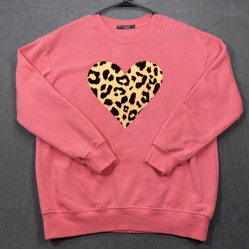 Fifth Sun Pink Sweatshirt Leopard Print Heart Crew Neck Long Sleeves Womens M